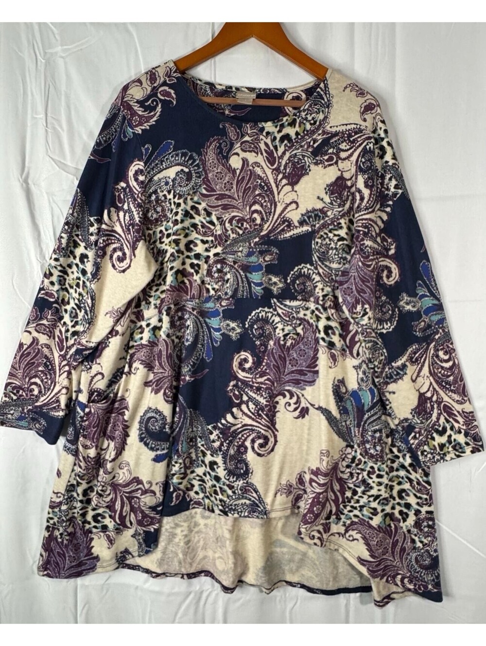 Chico's Top 4 XXL Paisley Leopard Navy Purple Boho Button Back Tunic